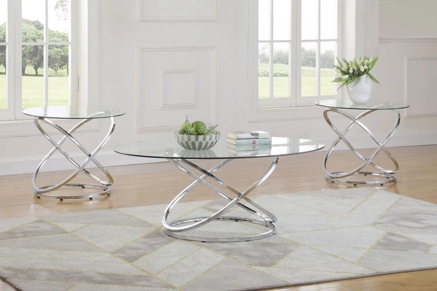 Warren - 3 Piece Oval Glass Top Coffee Table Set - Chrome