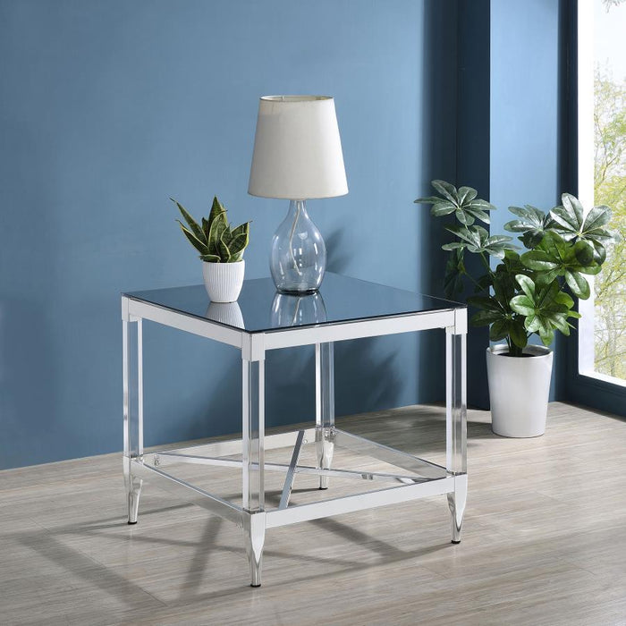 Lindley - Square End Table With Acrylic Legs And Tempered Mirror Top - Chrome